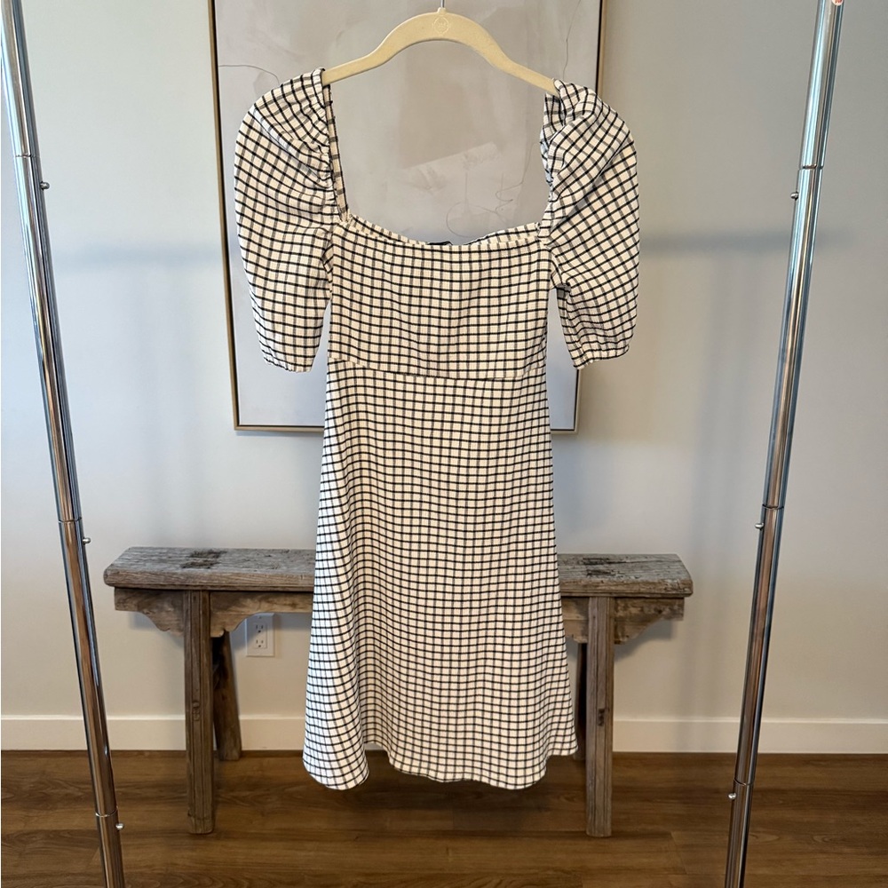 Zara Checkered Puff Sleeve Dress Sz S